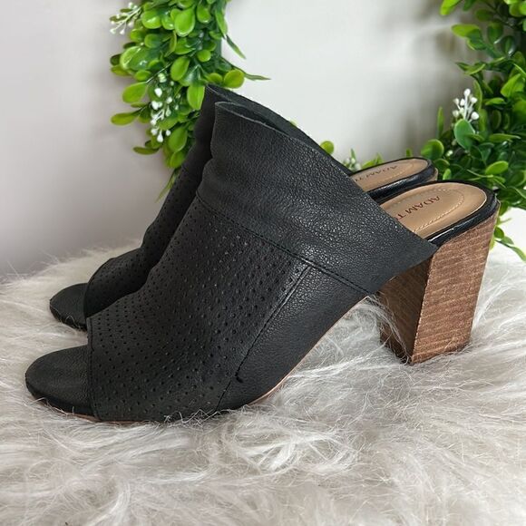 Adam Tucker Black Perforated Leather Block Heeled Mules Slides Size 9.5 - Picture 3 of 7